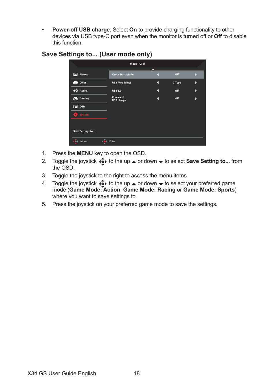 Save settings to... (user mode only) | Acer Predator X34 Sbmiiphzx 34" 180 Hz Curved Gaming Monitor User Manual | Page 28 / 29