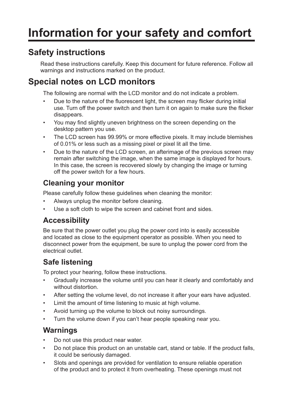 Information for your safety and comfort, Safety instructions, Special notes on lcd monitors | Cleaning your monitor, Accessibility, Safe listening, Warnings | Acer Predator X34 Sbmiiphzx 34" 180 Hz Curved Gaming Monitor User Manual | Page 3 / 29