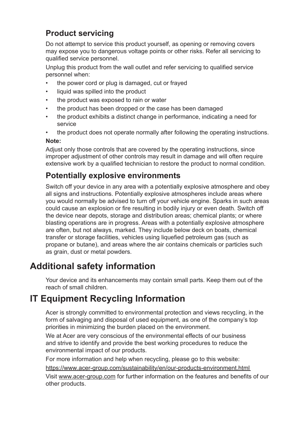 Product servicing, Potentially explosive environments, Additional safety information | It equipment recycling information | Acer Predator X34 Sbmiiphzx 34" 180 Hz Curved Gaming Monitor User Manual | Page 5 / 29