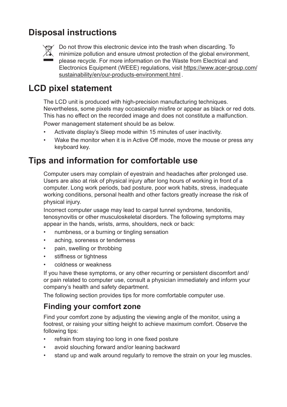 Disposal instructions, Lcd pixel statement, Tips and information for comfortable use | Finding your comfort zone | Acer Predator X34 Sbmiiphzx 34" 180 Hz Curved Gaming Monitor User Manual | Page 6 / 29