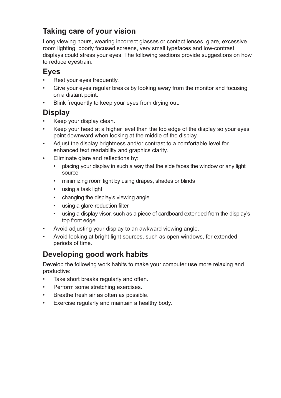 Taking care of your vision, Developing good work habits, Eyes | Display | Acer Predator X34 Sbmiiphzx 34" 180 Hz Curved Gaming Monitor User Manual | Page 7 / 29