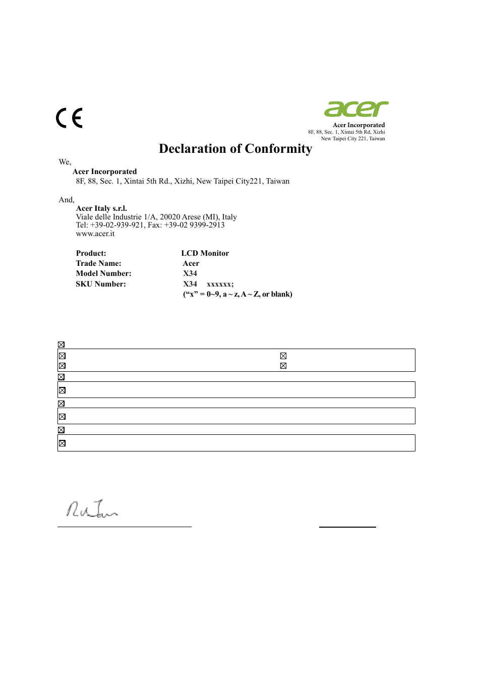 Declaration of conformity | Acer Predator X34 Sbmiiphzx 34" 180 Hz Curved Gaming Monitor User Manual | Page 8 / 29