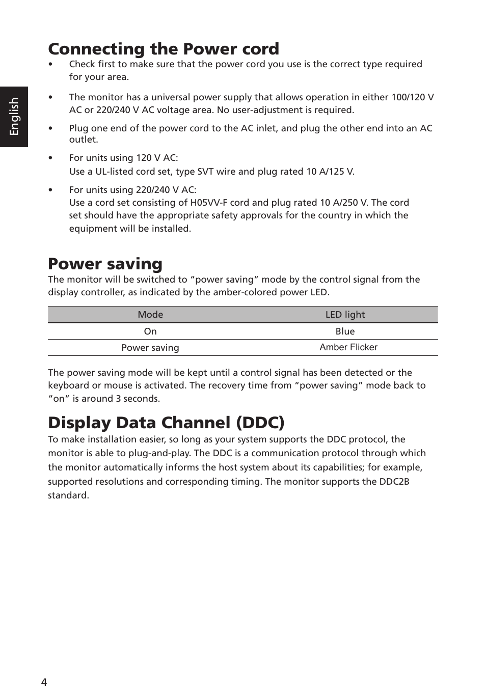 Connecting the power cord, Power saving, Display data channel (ddc) | Acer ED322QR Pbmiipx 31.5" 16:9 Curved 144 Hz FreeSync VA Monitor User Manual | Page 16 / 27