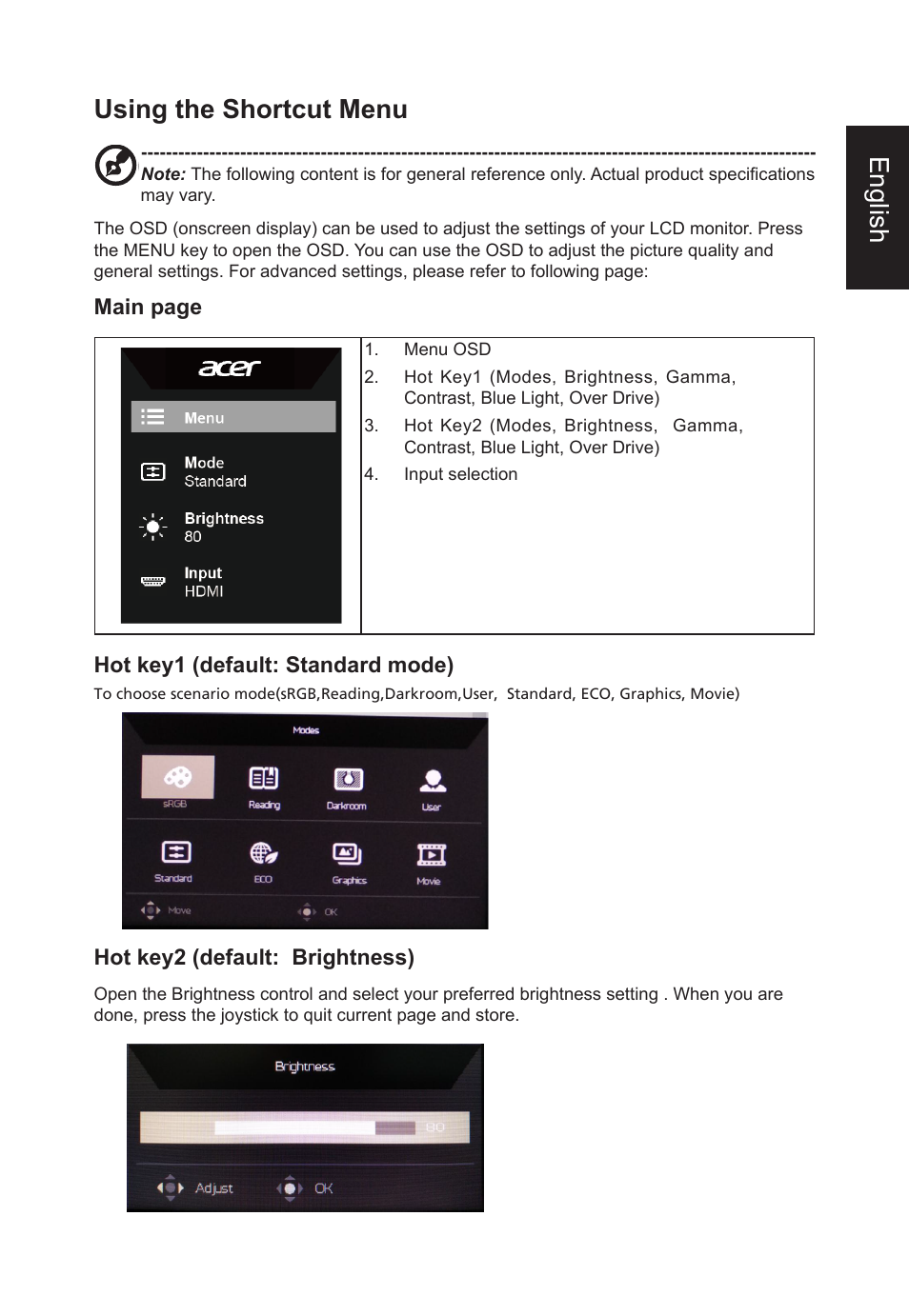 English using the shortcut menu, Main page, Hot key1 (default: standard mode) | Hot key2 (default: brightness) | Acer ED322QR Pbmiipx 31.5" 16:9 Curved 144 Hz FreeSync VA Monitor User Manual | Page 21 / 27