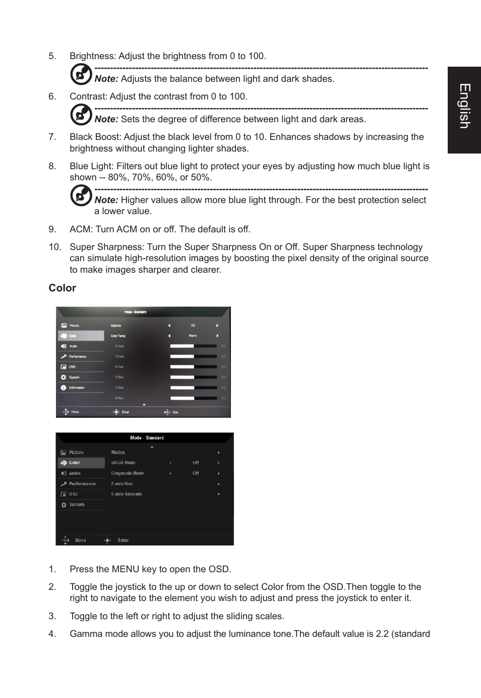 English | Acer ED322QR Pbmiipx 31.5" 16:9 Curved 144 Hz FreeSync VA Monitor User Manual | Page 23 / 27