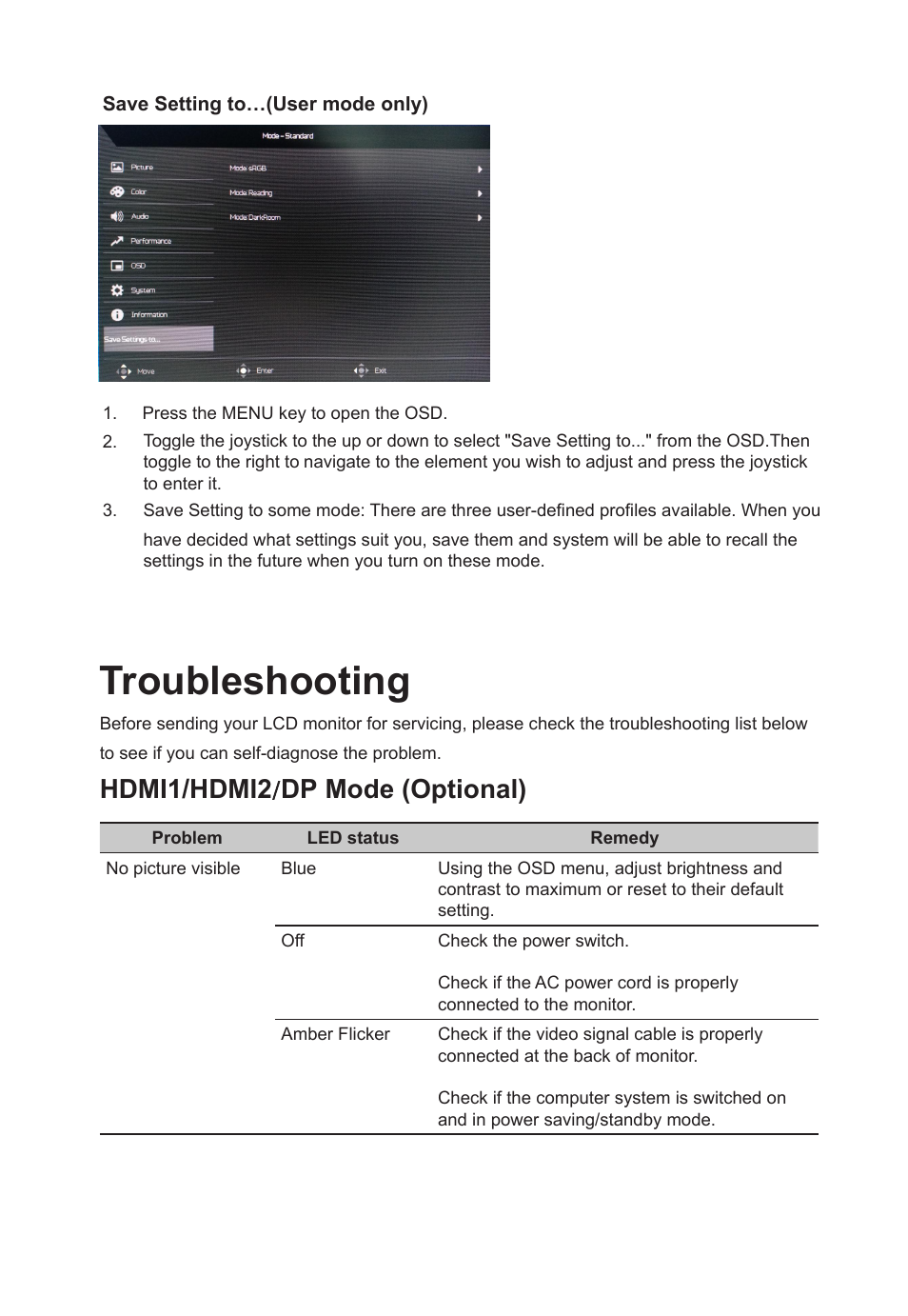 Troubleshooting, Hdmi 1 / hdmi2 / dp mode (optional) | Acer ED322QR Pbmiipx 31.5" 16:9 Curved 144 Hz FreeSync VA Monitor User Manual | Page 27 / 27