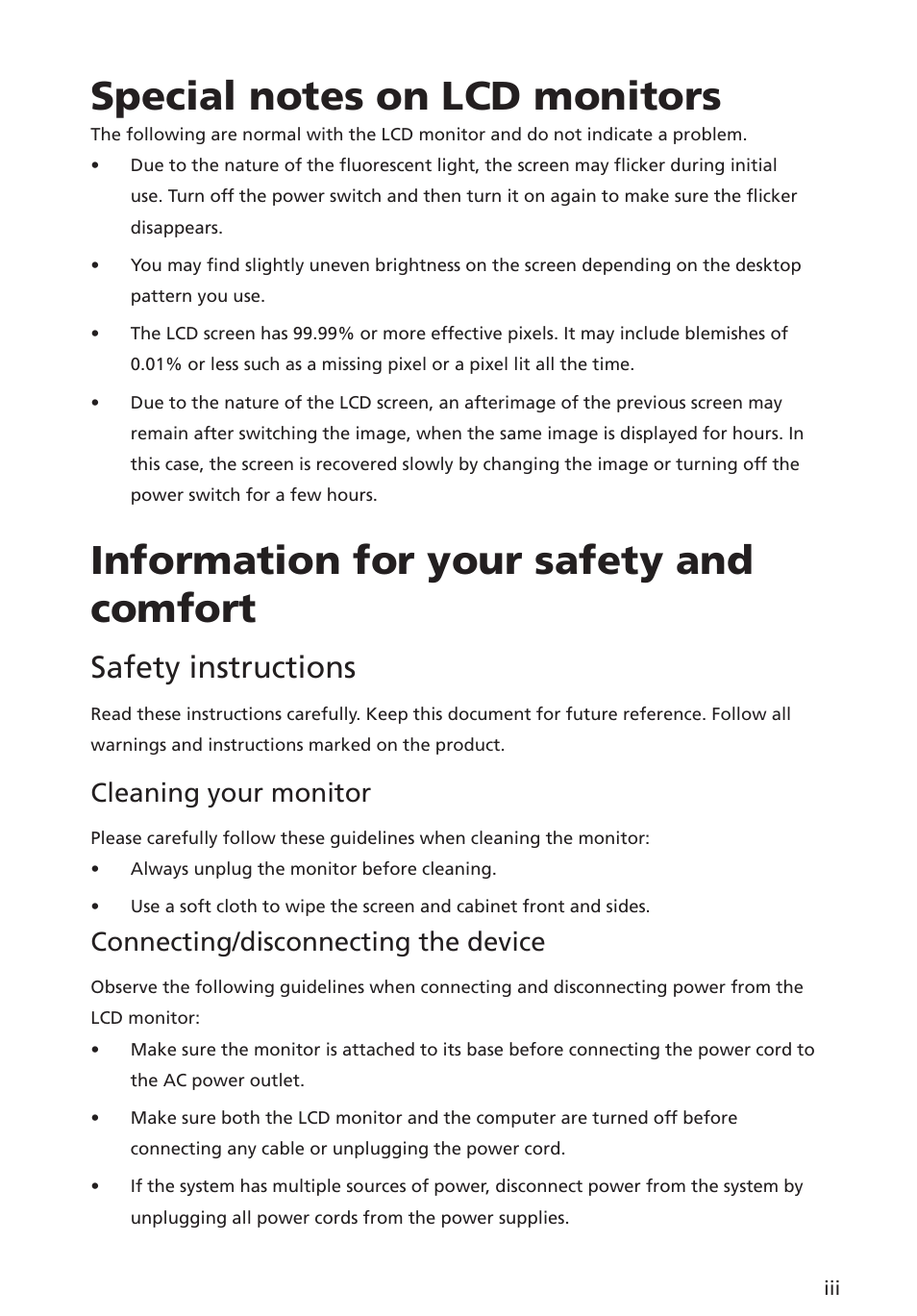 Information for your safety and comfort, Safety instructions, Cleaning your monitor | Connecting/disconnecting the device | Acer ED322QR Pbmiipx 31.5" 16:9 Curved 144 Hz FreeSync VA Monitor User Manual | Page 3 / 27