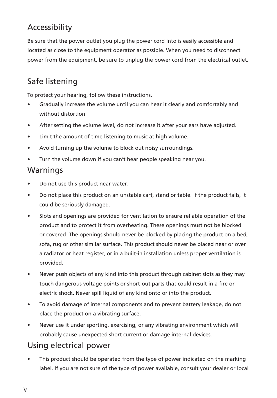 Accessibility, Safe listening, Warnings | Using electrical power | Acer ED322QR Pbmiipx 31.5" 16:9 Curved 144 Hz FreeSync VA Monitor User Manual | Page 4 / 27