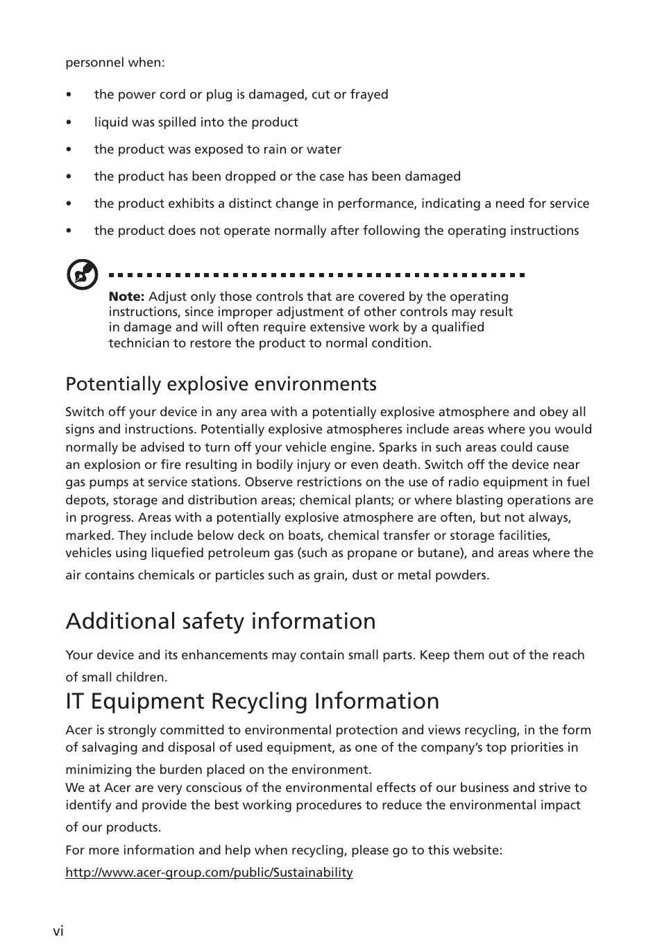 Additional safety information, It equipment recycling information, Potentially explosive environments | Acer ED322QR Pbmiipx 31.5" 16:9 Curved 144 Hz FreeSync VA Monitor User Manual | Page 6 / 27
