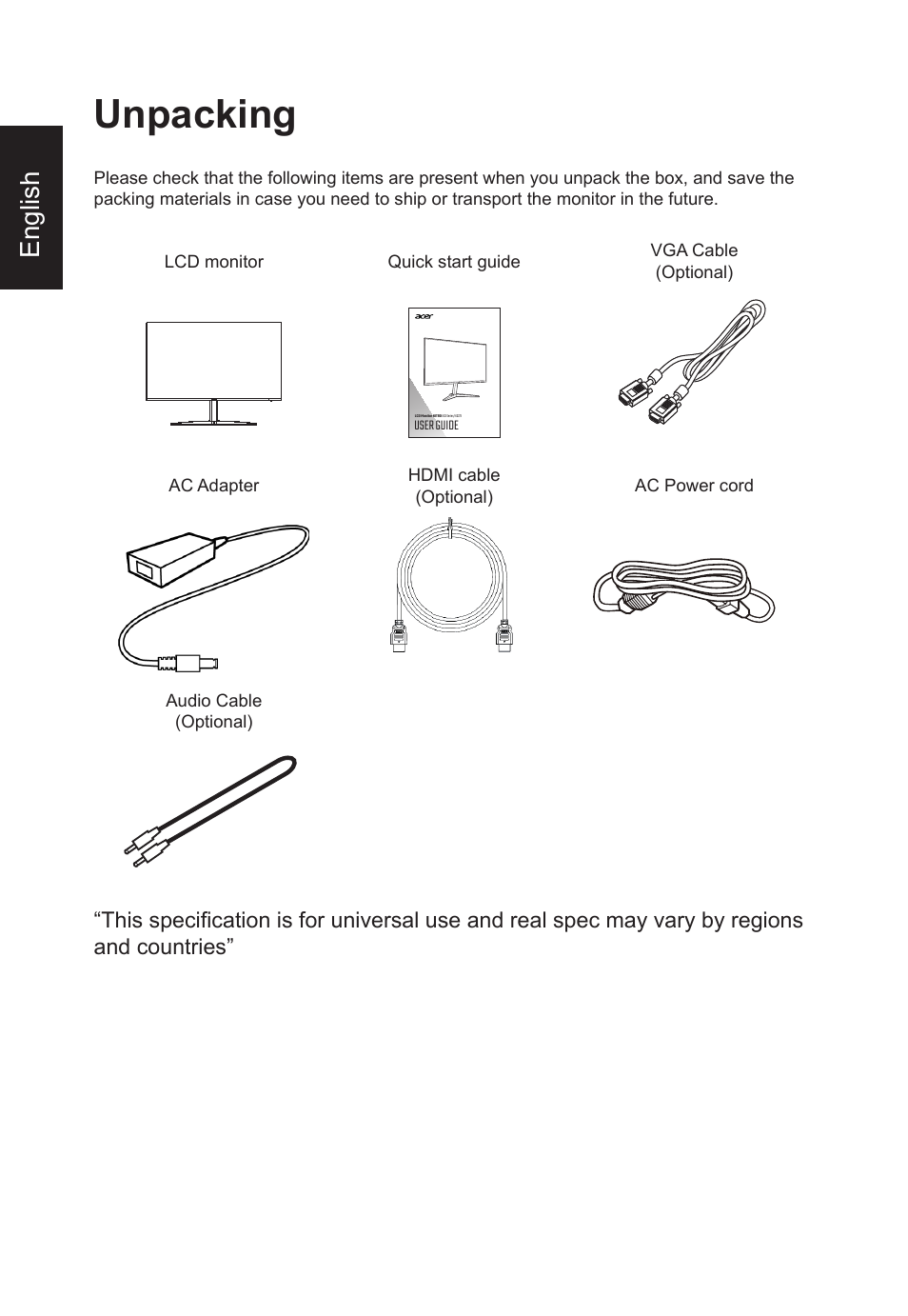 Unpacking, English | Acer Nitro KG273 HBMIX 27" Gaming Monitor User Manual | Page 12 / 28