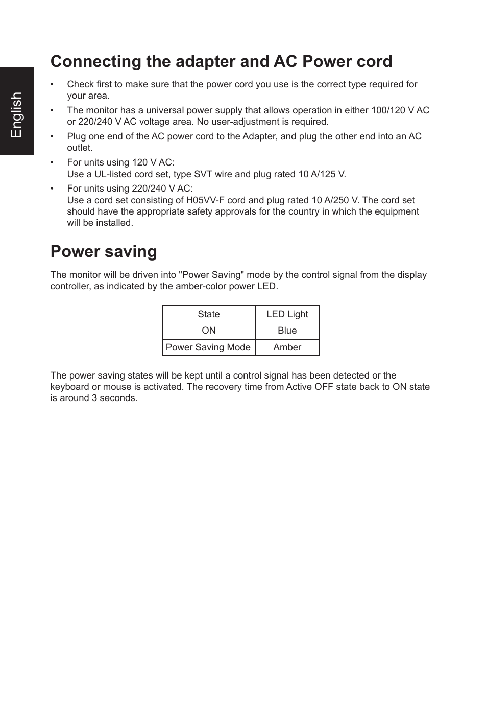 Connecting the adapter and ac power cord, Power saving, English | Acer Nitro KG273 HBMIX 27" Gaming Monitor User Manual | Page 14 / 28