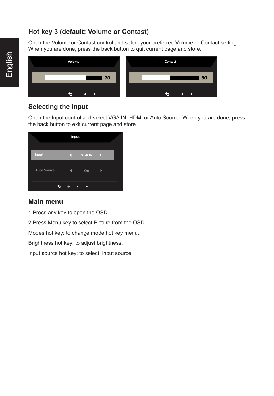 English, Hot key 3 (default: volume or contast), Selecting the input | Main menu | Acer Nitro KG273 HBMIX 27" Gaming Monitor User Manual | Page 20 / 28