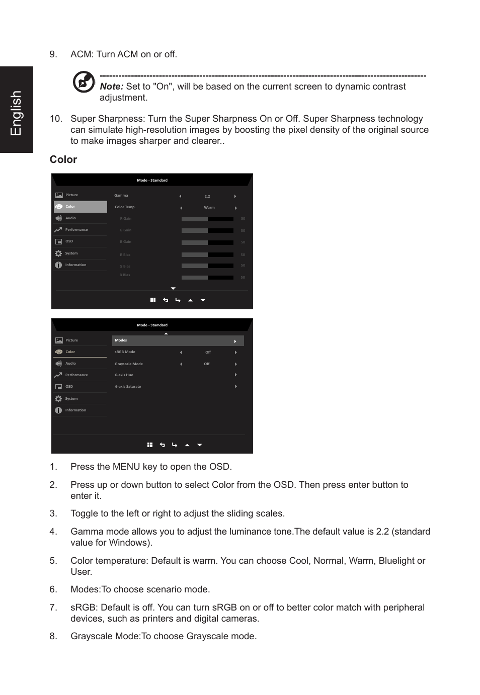 English, Color | Acer Nitro KG273 HBMIX 27" Gaming Monitor User Manual | Page 22 / 28