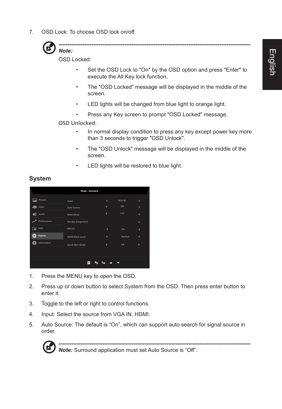 English, System | Acer Nitro KG273 HBMIX 27" Gaming Monitor User Manual | Page 25 / 28