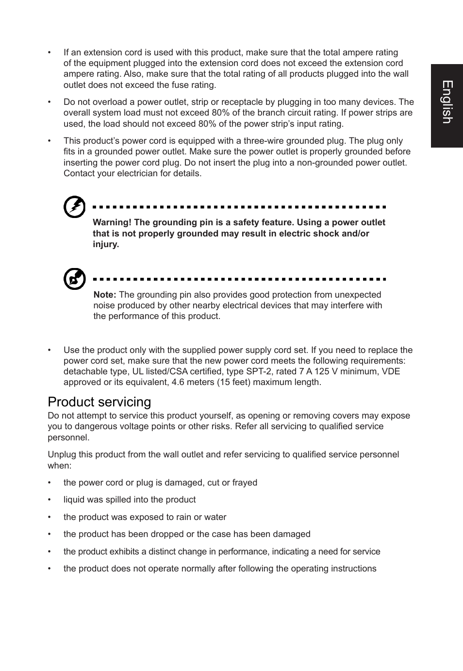 English, Product servicing | Acer Nitro KG273 HBMIX 27" Gaming Monitor User Manual | Page 5 / 28