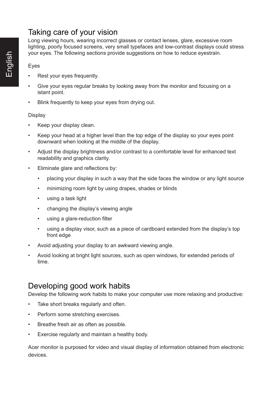 English taking care of your vision, Developing good work habits | Acer Nitro KG273 HBMIX 27" Gaming Monitor User Manual | Page 8 / 28