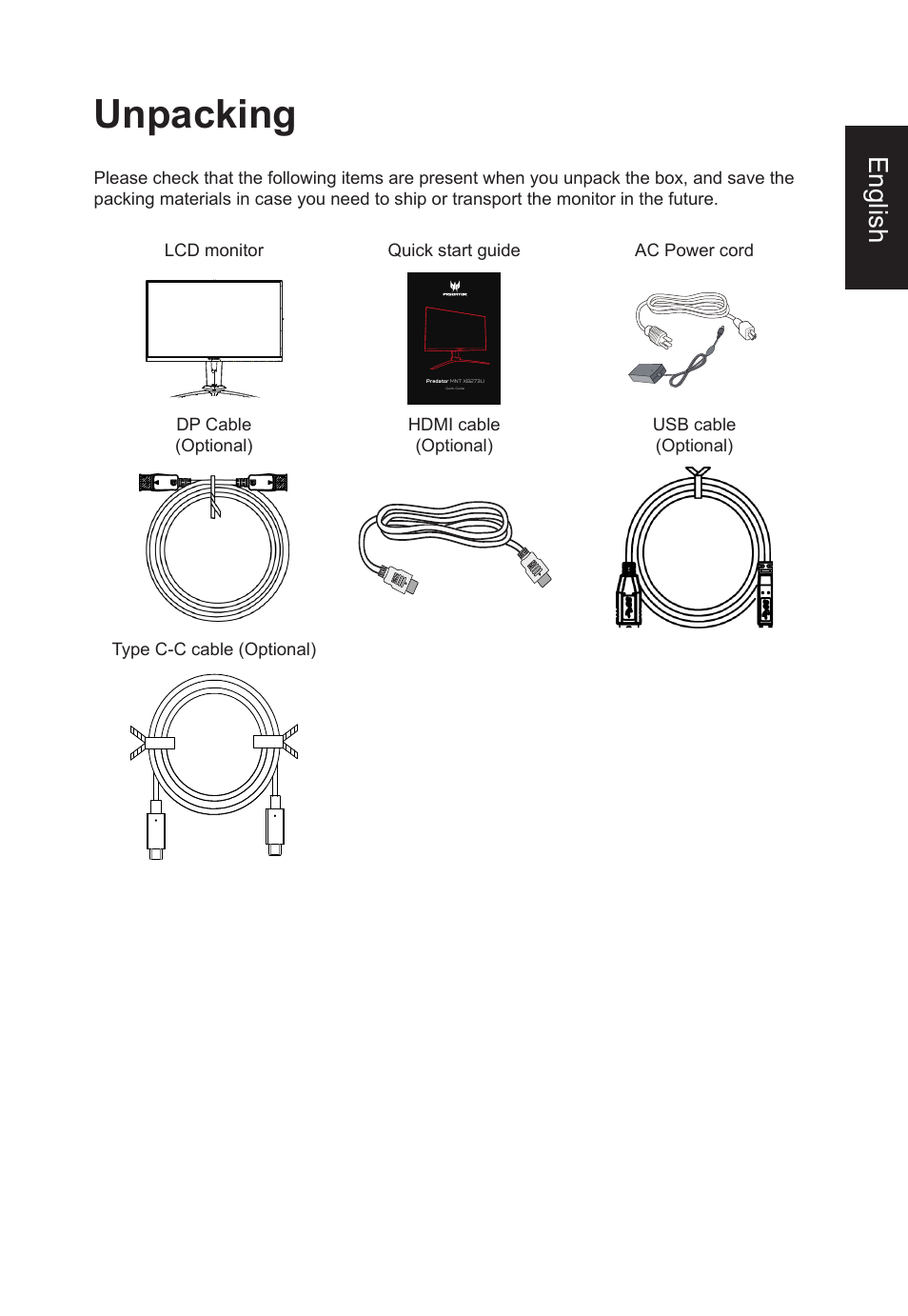 Unpacking, English | Acer XB273U GXbmiipruzx 27" 16:9 240 Hz G-Sync IPS Gaming Monitor User Manual | Page 13 / 33