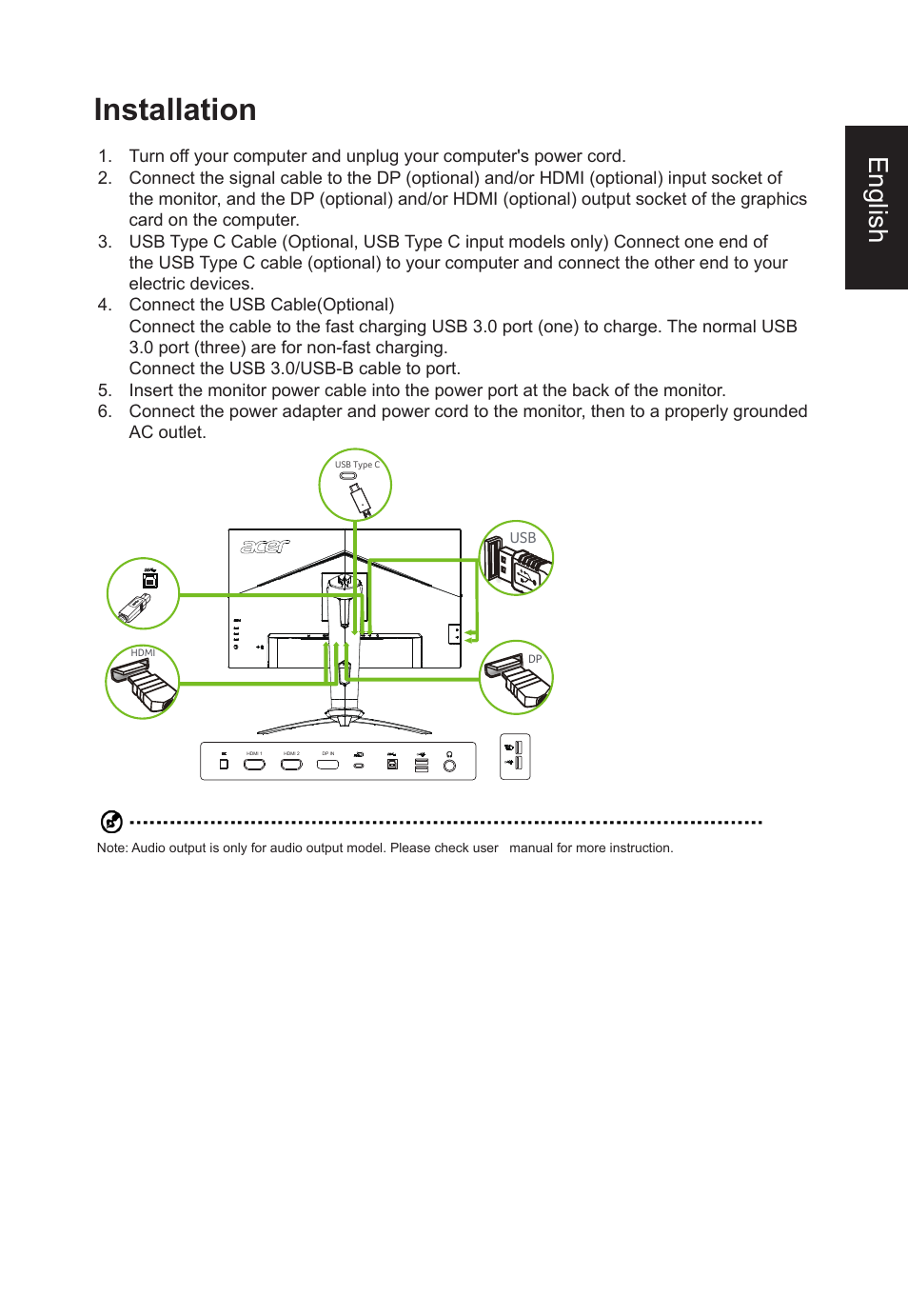 Installation, English | Acer XB273U GXbmiipruzx 27" 16:9 240 Hz G-Sync IPS Gaming Monitor User Manual | Page 21 / 33