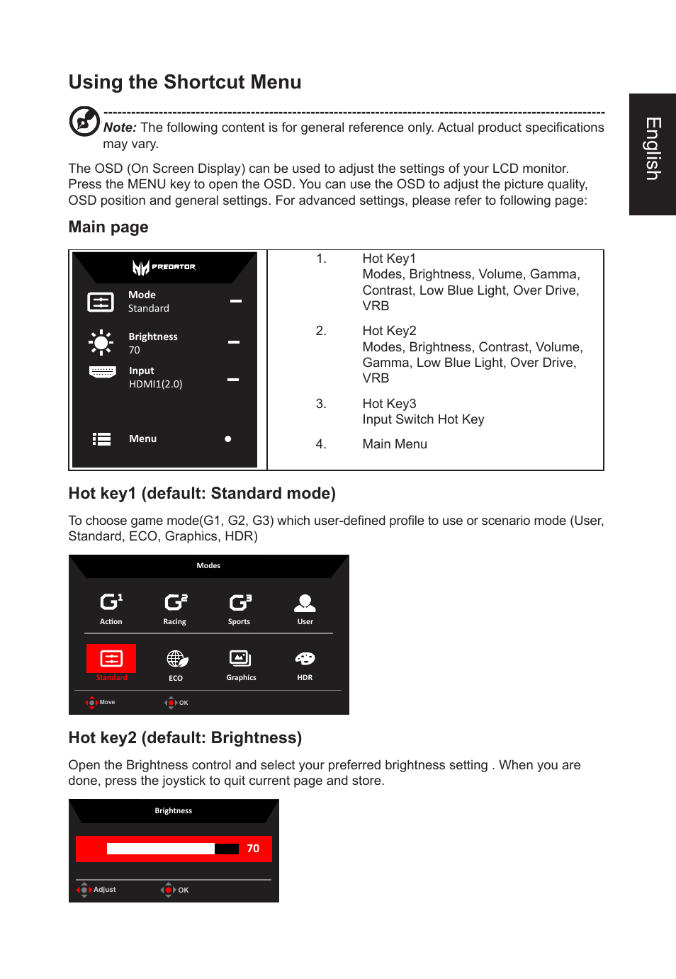 English using the shortcut menu, Main page, Hot key1 (default: standard mode) | Hot key2 (default: brightness) | Acer XB273U GXbmiipruzx 27" 16:9 240 Hz G-Sync IPS Gaming Monitor User Manual | Page 23 / 33