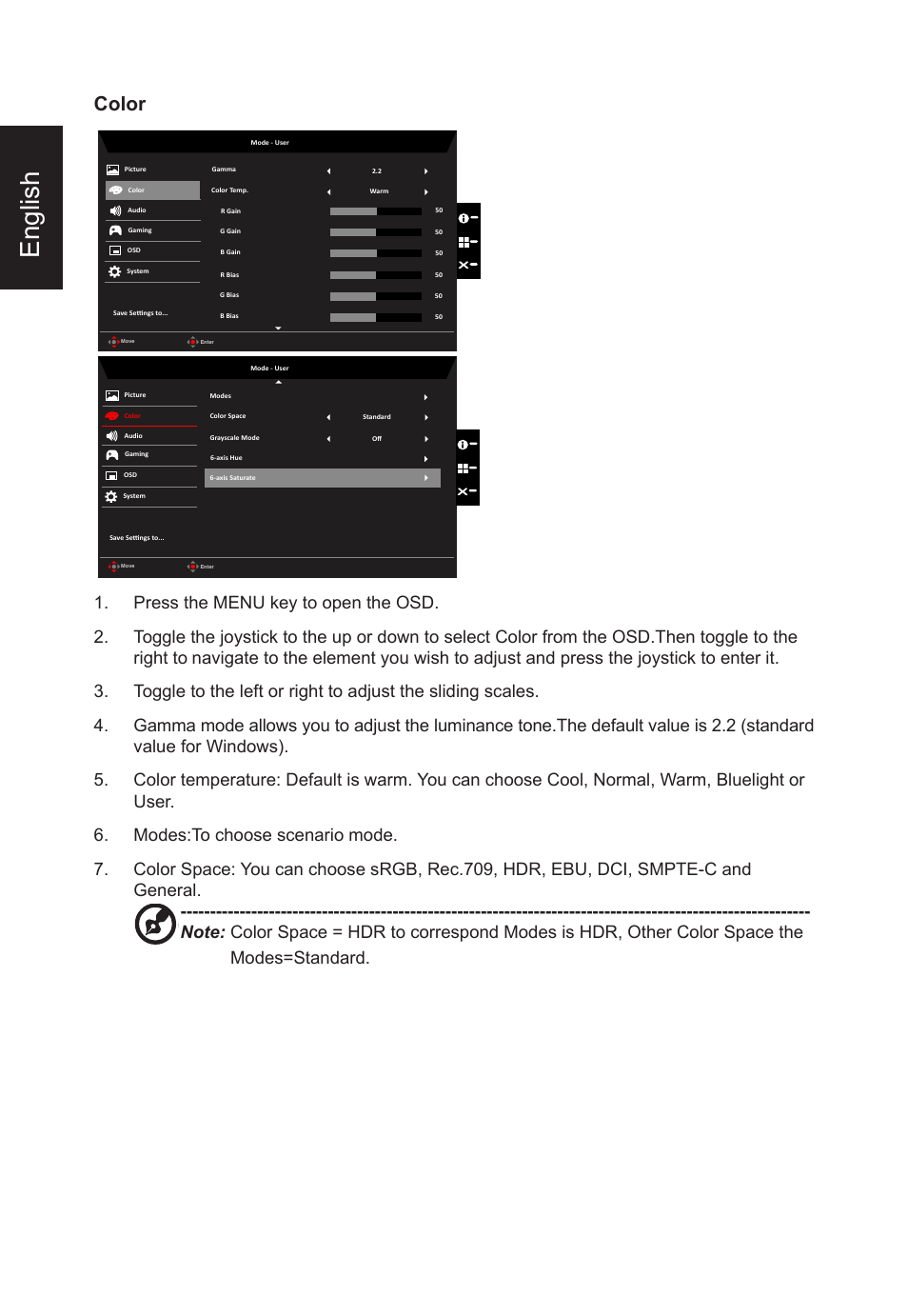 English, Color | Acer XB273U GXbmiipruzx 27" 16:9 240 Hz G-Sync IPS Gaming Monitor User Manual | Page 26 / 33