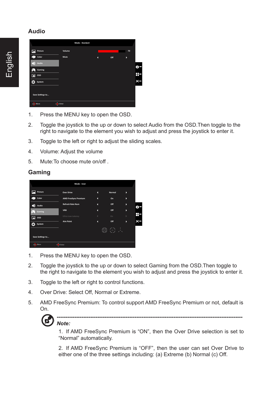 English, Audio, Gaming | Acer XB273U GXbmiipruzx 27" 16:9 240 Hz G-Sync IPS Gaming Monitor User Manual | Page 28 / 33