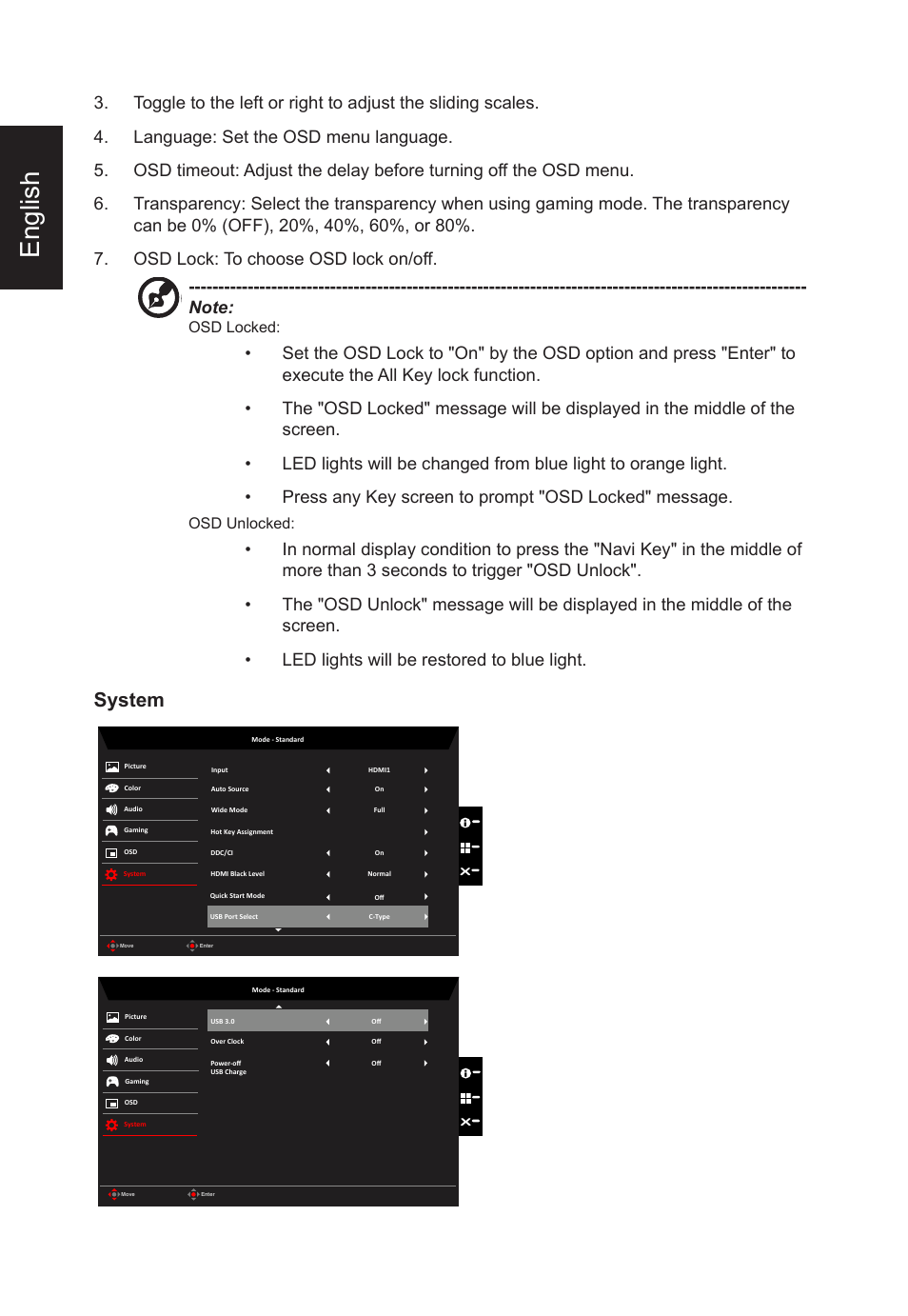 English, System, Osd locked | Osd unlocked | Acer XB273U GXbmiipruzx 27" 16:9 240 Hz G-Sync IPS Gaming Monitor User Manual | Page 30 / 33