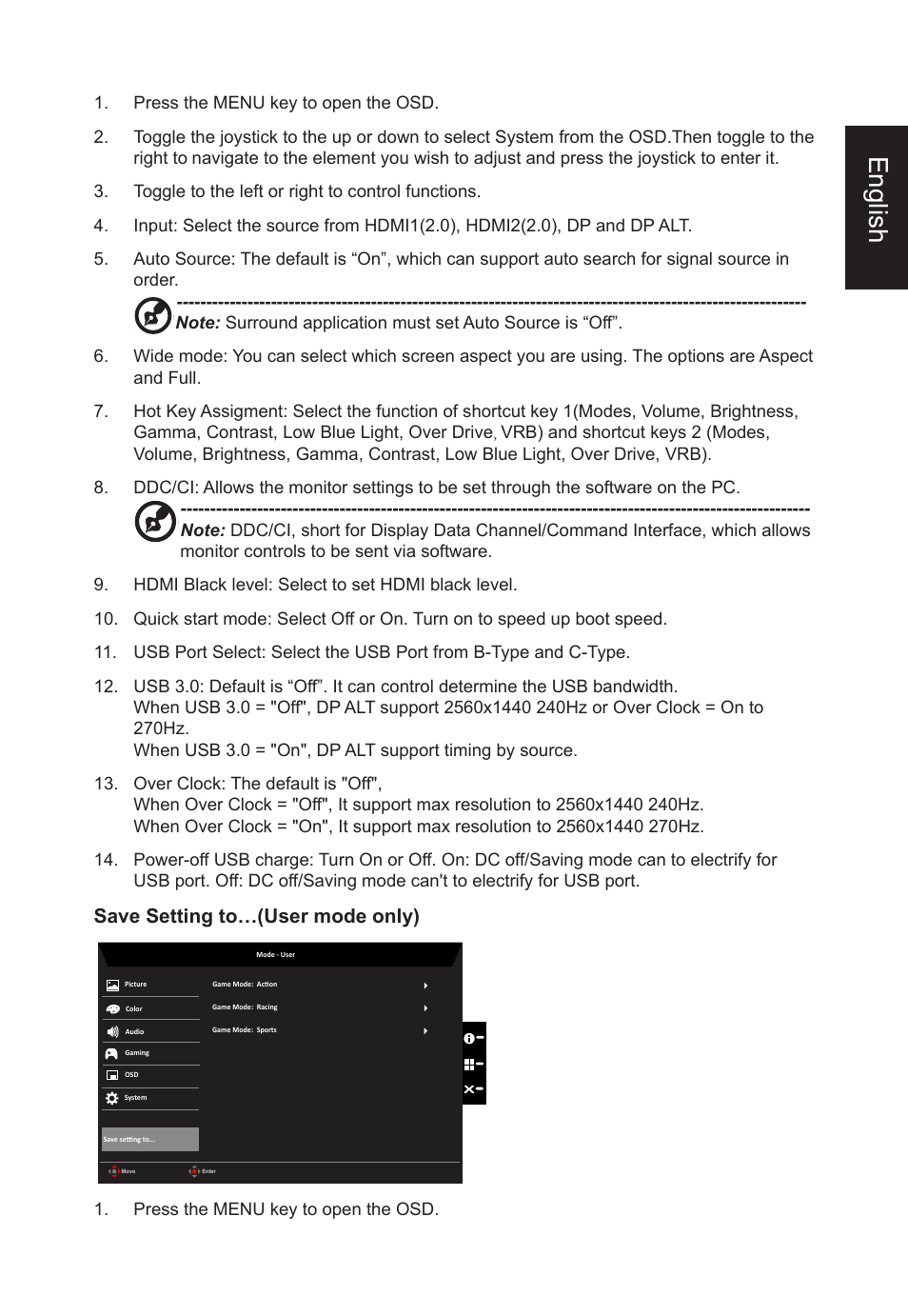 English, Save setting to…(user mode only) | Acer XB273U GXbmiipruzx 27" 16:9 240 Hz G-Sync IPS Gaming Monitor User Manual | Page 31 / 33