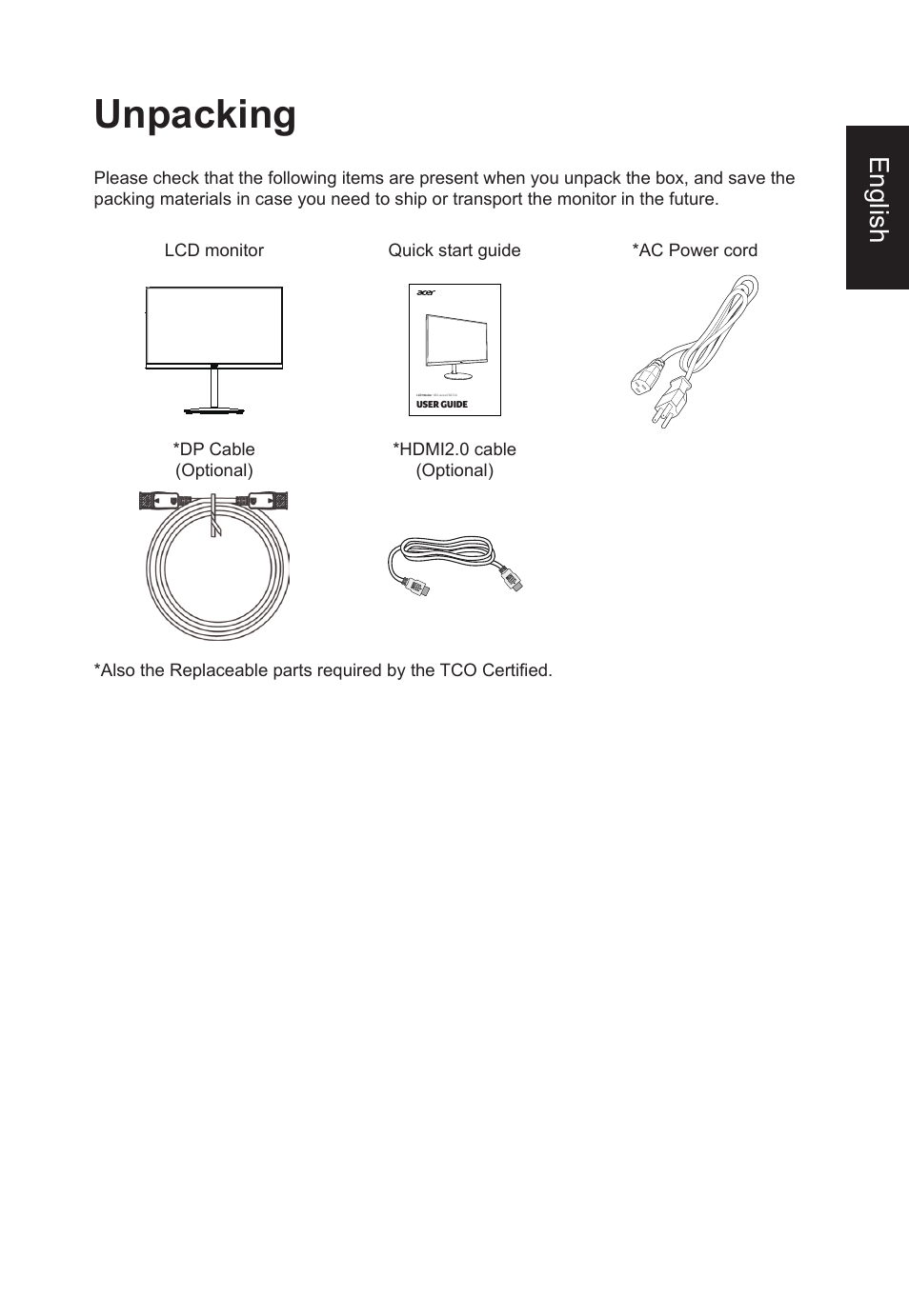 Unpacking, English | Acer CB2 Series CB272U smiiprx 27" 16:9 HDR FreeSync IPS Monitor User Manual | Page 13 / 35