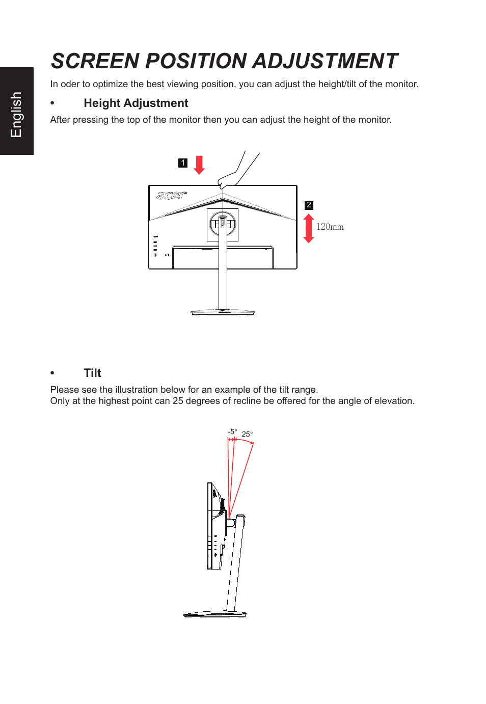 Screen position adjustment, English | Acer CB2 Series CB272U smiiprx 27" 16:9 HDR FreeSync IPS Monitor User Manual | Page 14 / 35