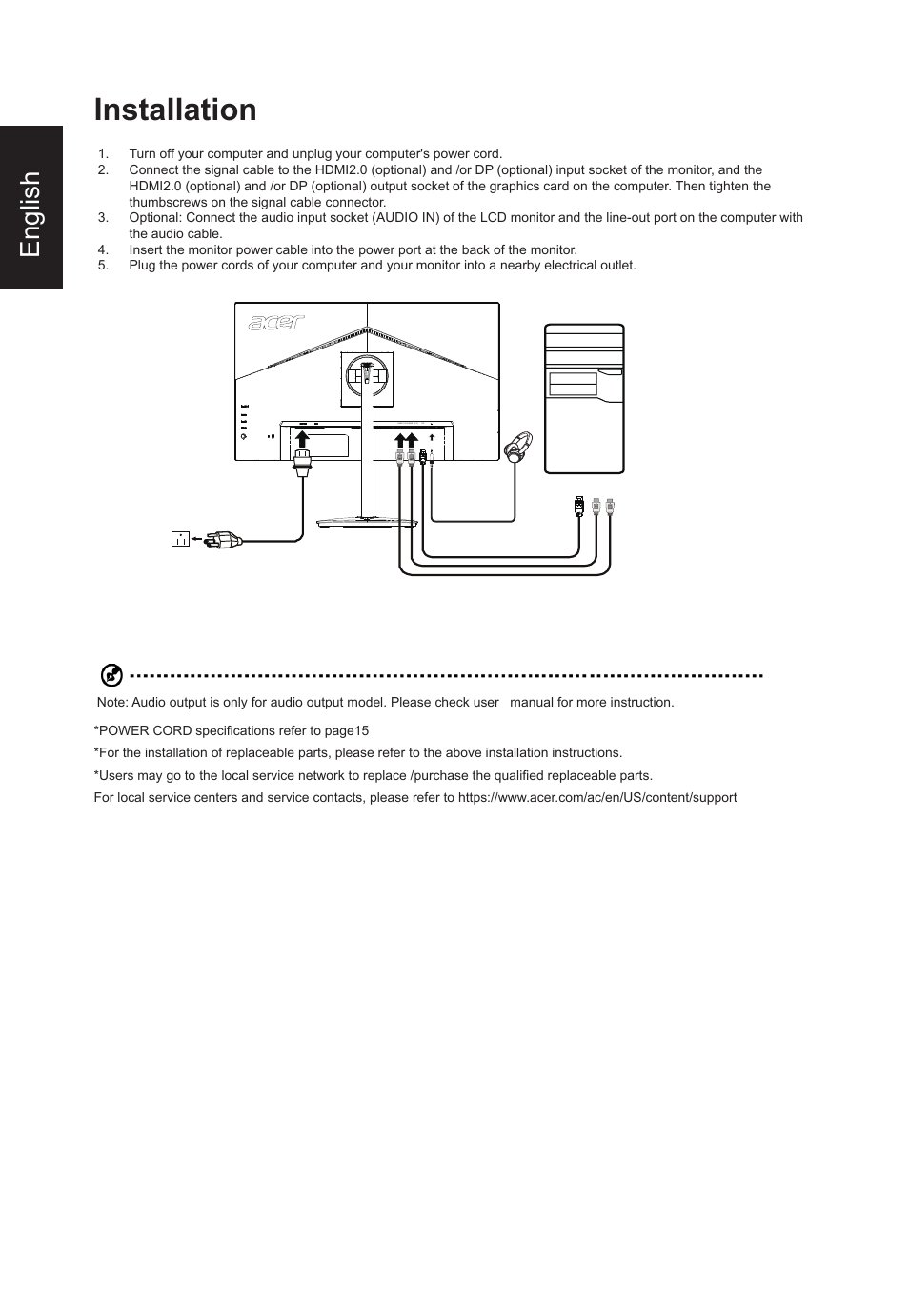 Installation, English | Acer CB2 Series CB272U smiiprx 27" 16:9 HDR FreeSync IPS Monitor User Manual | Page 20 / 35