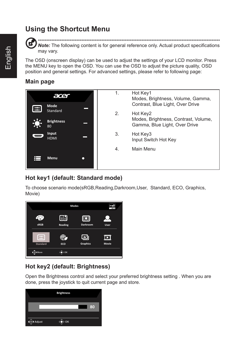 English using the shortcut menu, Main page, Hot key1 (default: standard mode) | Hot key2 (default: brightness) | Acer CB2 Series CB272U smiiprx 27" 16:9 HDR FreeSync IPS Monitor User Manual | Page 22 / 35