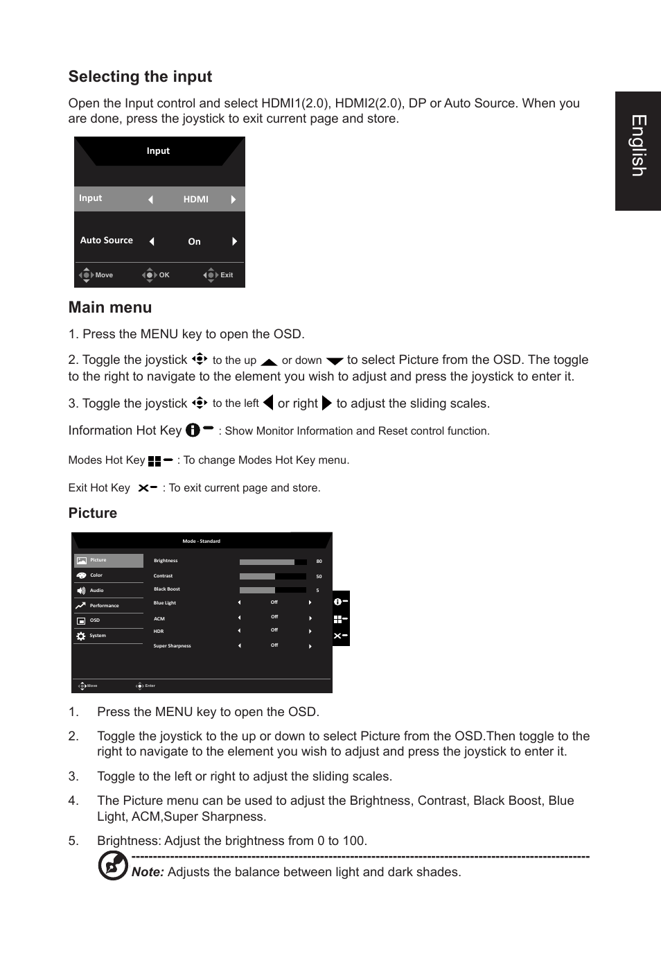 English, Selecting the input, Main menu | Picture | Acer CB2 Series CB272U smiiprx 27" 16:9 HDR FreeSync IPS Monitor User Manual | Page 23 / 35