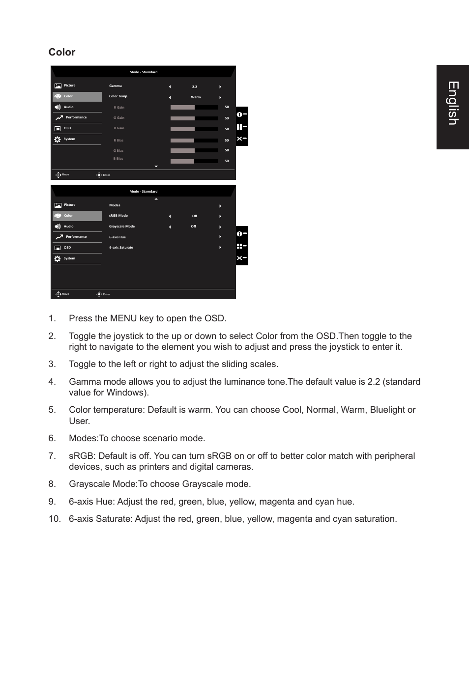 English, Color | Acer CB2 Series CB272U smiiprx 27" 16:9 HDR FreeSync IPS Monitor User Manual | Page 25 / 35