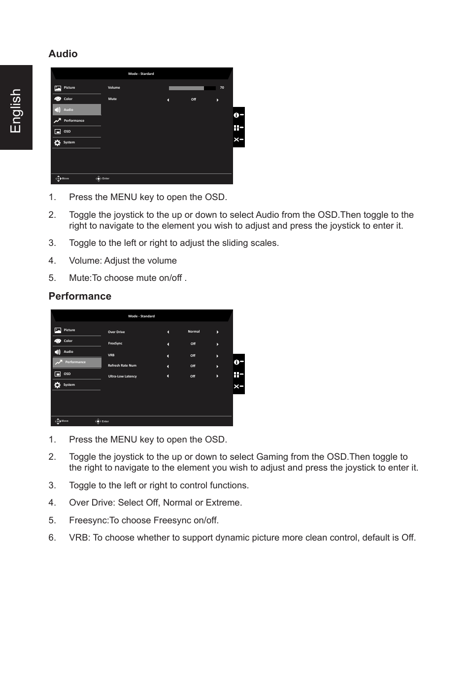 English, Audio, Performance | Acer CB2 Series CB272U smiiprx 27" 16:9 HDR FreeSync IPS Monitor User Manual | Page 26 / 35