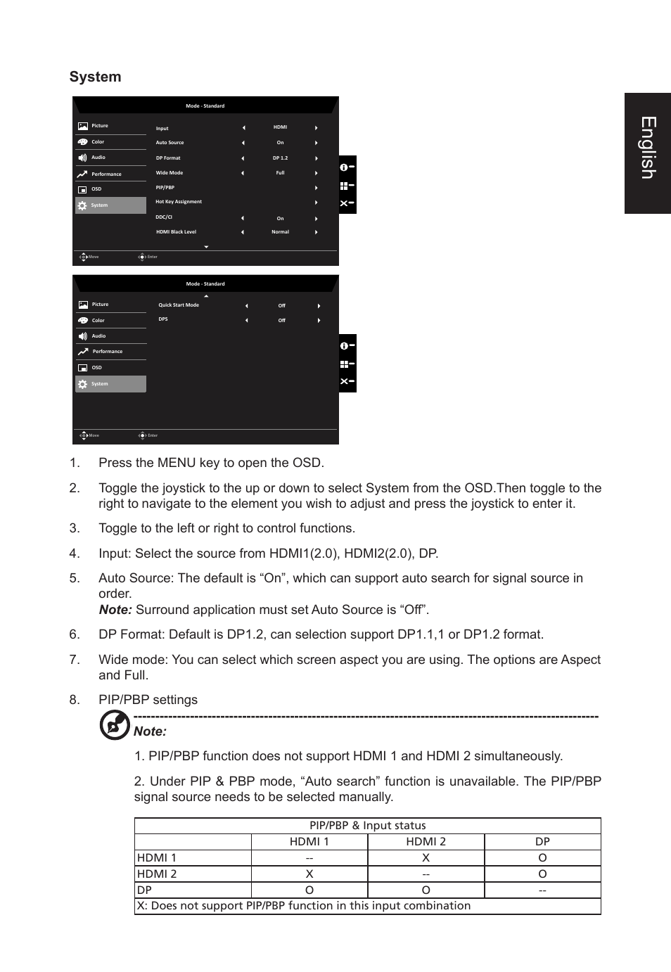 English, System | Acer CB2 Series CB272U smiiprx 27" 16:9 HDR FreeSync IPS Monitor User Manual | Page 29 / 35