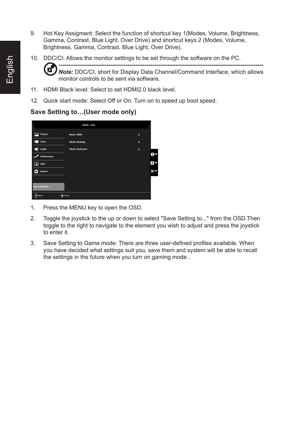 English, Save setting to…(user mode only) | Acer CB2 Series CB272U smiiprx 27" 16:9 HDR FreeSync IPS Monitor User Manual | Page 30 / 35