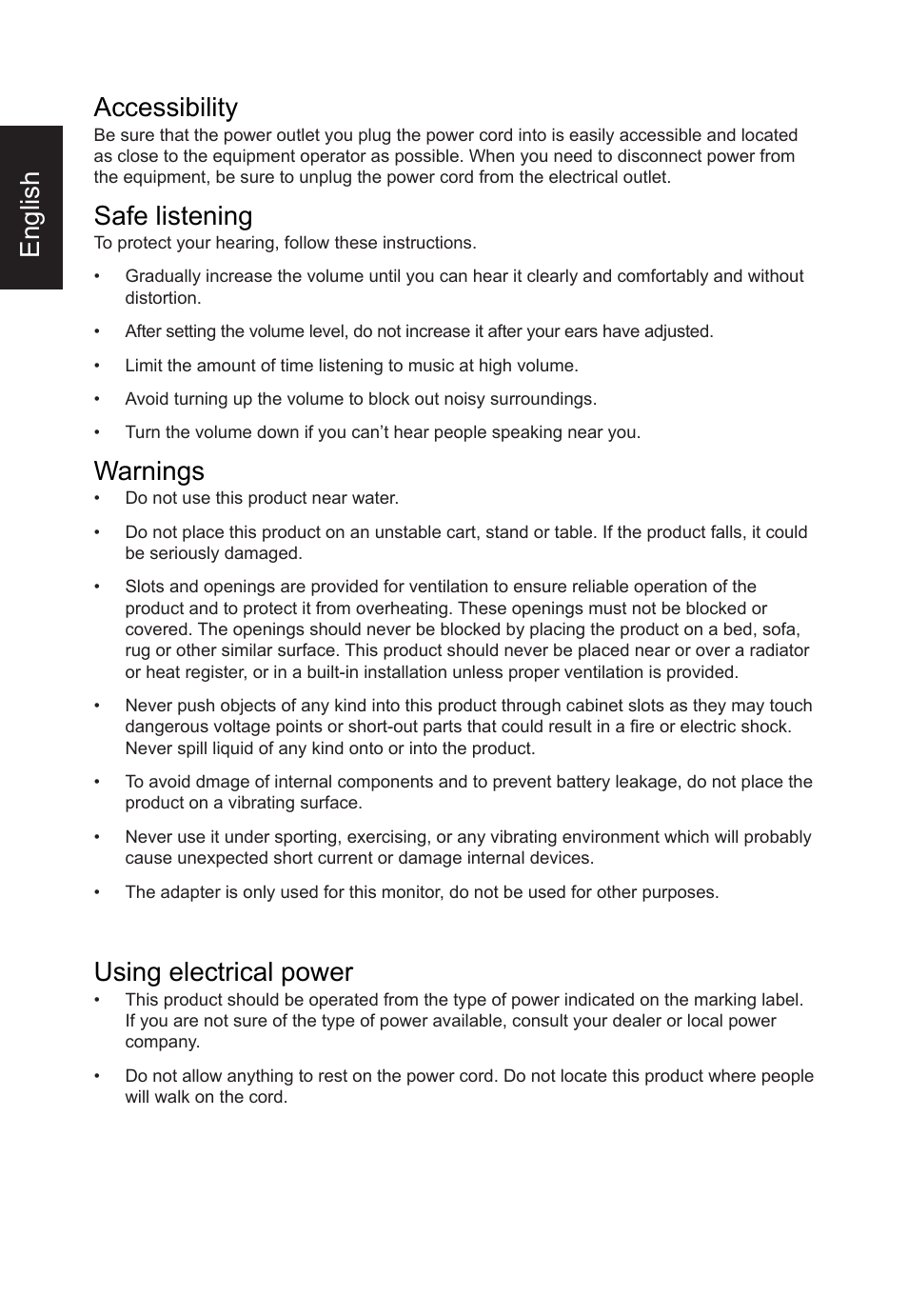 English accessibility, Safe listening, Warnings | Using electrical power | Acer CB2 Series CB272U smiiprx 27" 16:9 HDR FreeSync IPS Monitor User Manual | Page 4 / 35