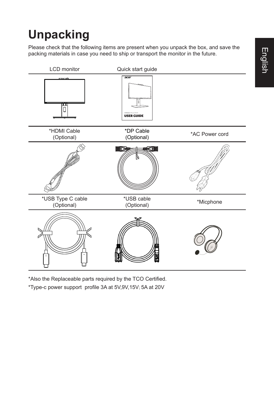 Unpacking, English | Acer B248Y bemiqprcuzx 23.8" 16:9 Adaptive-Sync Video Conferencing IPS Monitor User Manual | Page 13 / 34