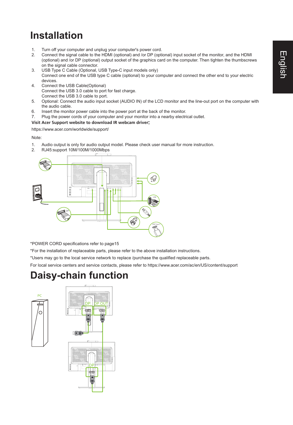 Installation, Daisy-chain function, English | Acer B248Y bemiqprcuzx 23.8" 16:9 Adaptive-Sync Video Conferencing IPS Monitor User Manual | Page 21 / 34