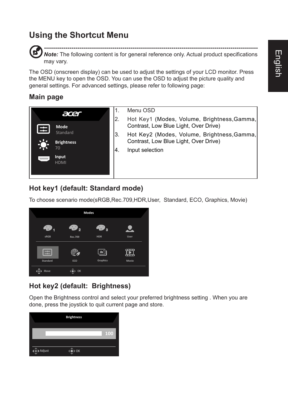 English using the shortcut menu, Main page, Hot key1 (default: standard mode) | Hot key2 (default: brightness) | Acer B248Y bemiqprcuzx 23.8" 16:9 Adaptive-Sync Video Conferencing IPS Monitor User Manual | Page 23 / 34