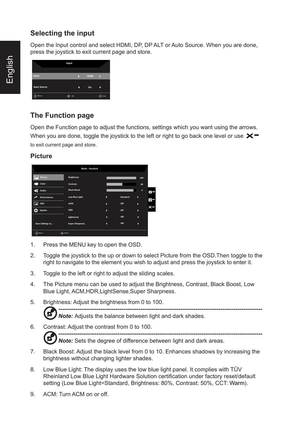 English, Selecting the input, The function page | Picture | Acer B248Y bemiqprcuzx 23.8" 16:9 Adaptive-Sync Video Conferencing IPS Monitor User Manual | Page 24 / 34