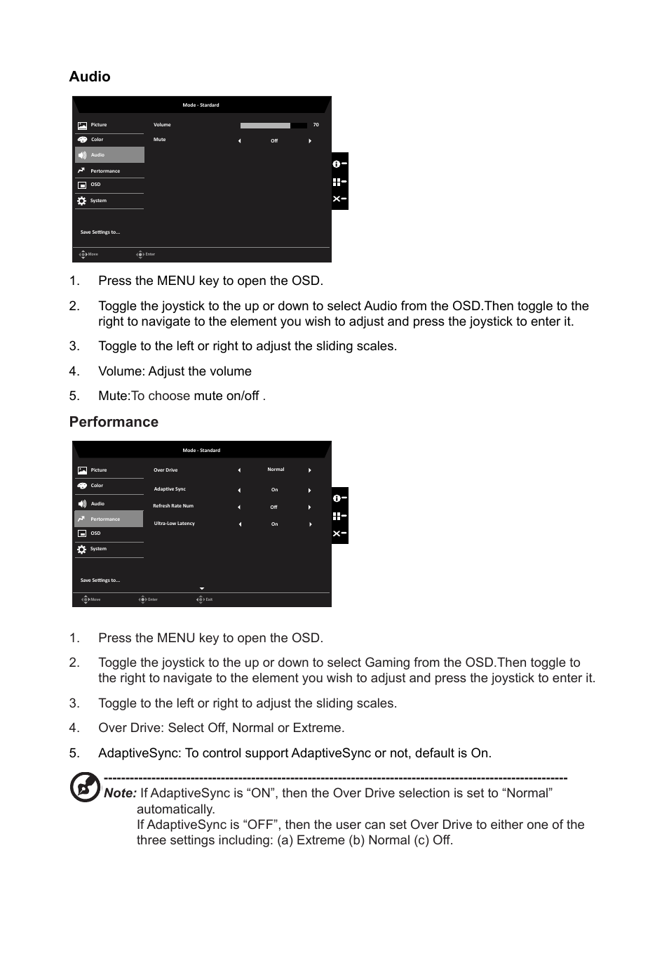 Audio, Performance | Acer B248Y bemiqprcuzx 23.8" 16:9 Adaptive-Sync Video Conferencing IPS Monitor User Manual | Page 28 / 34