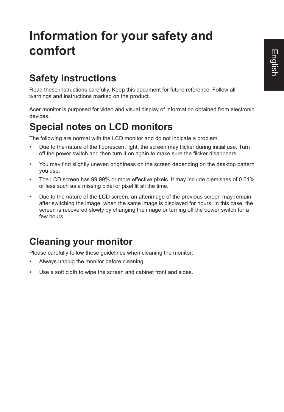 Information for your safety and comfort, Safety instructions, Cleaning your monitor | English | Acer B248Y bemiqprcuzx 23.8" 16:9 Adaptive-Sync Video Conferencing IPS Monitor User Manual | Page 3 / 34