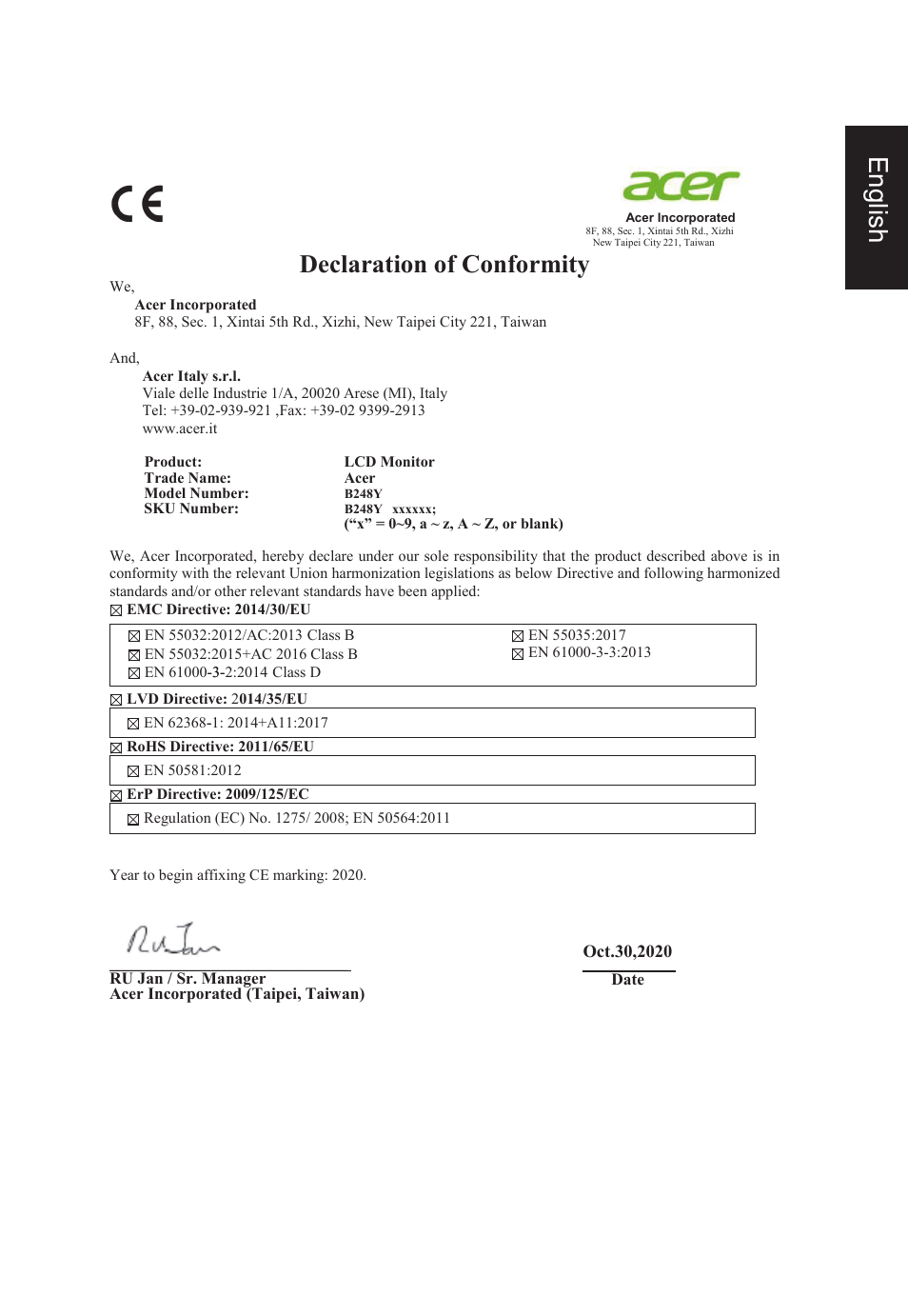 English, Declaration of conformity | Acer B248Y bemiqprcuzx 23.8" 16:9 Adaptive-Sync Video Conferencing IPS Monitor User Manual | Page 9 / 34