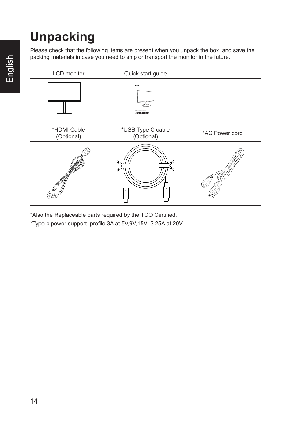 Unpacking, English | Acer CB241Y bmirux 23.8" Monitor User Manual | Page 14 / 36