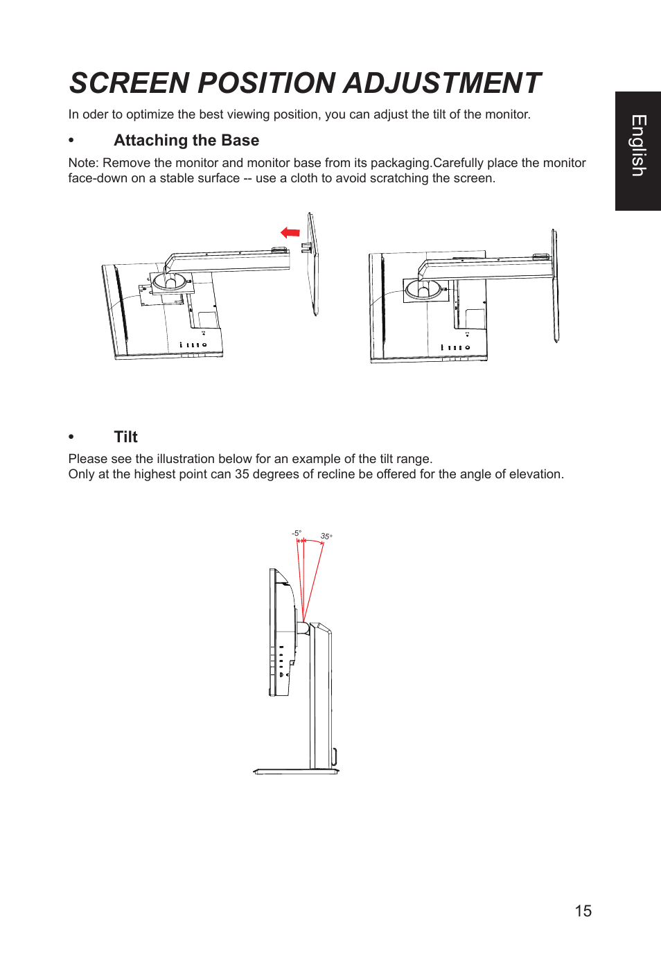 Screen position adjustment, English | Acer CB241Y bmirux 23.8" Monitor User Manual | Page 15 / 36