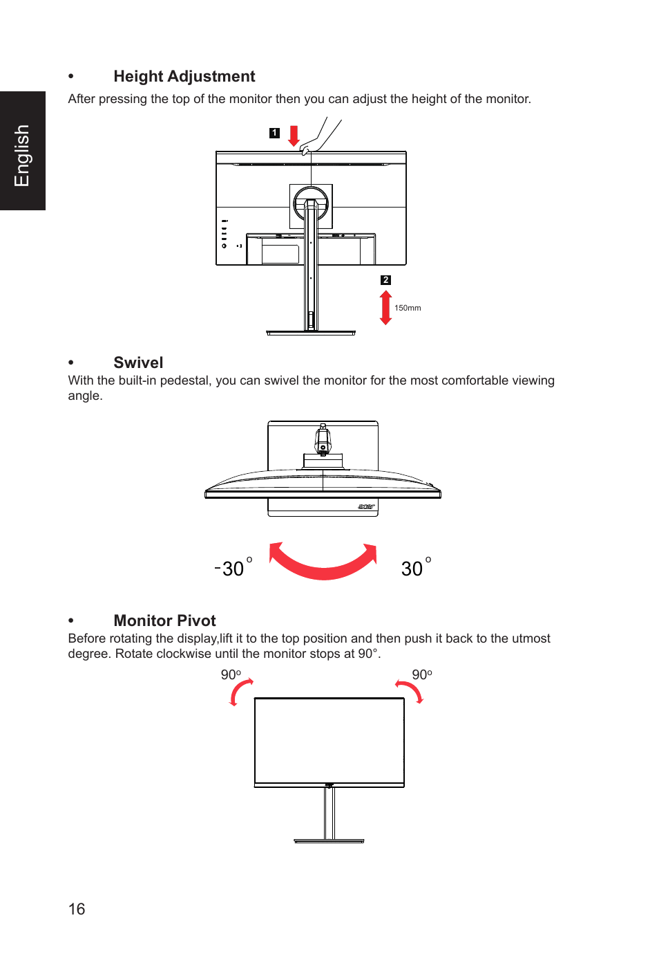 English, 16 • height adjustment, Swivel | Monitor pivot | Acer CB241Y bmirux 23.8" Monitor User Manual | Page 16 / 36