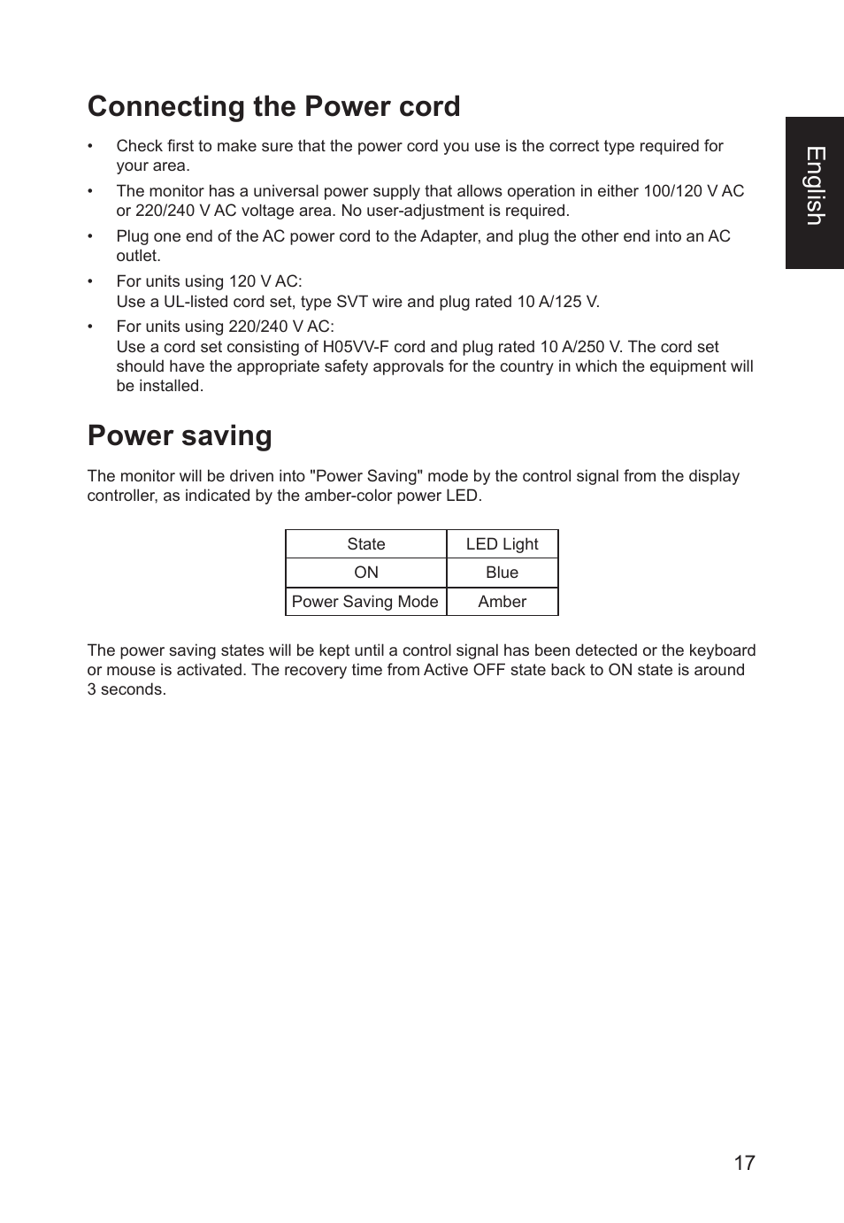 Connecting the power cord, Power saving, English | Acer CB241Y bmirux 23.8" Monitor User Manual | Page 17 / 36