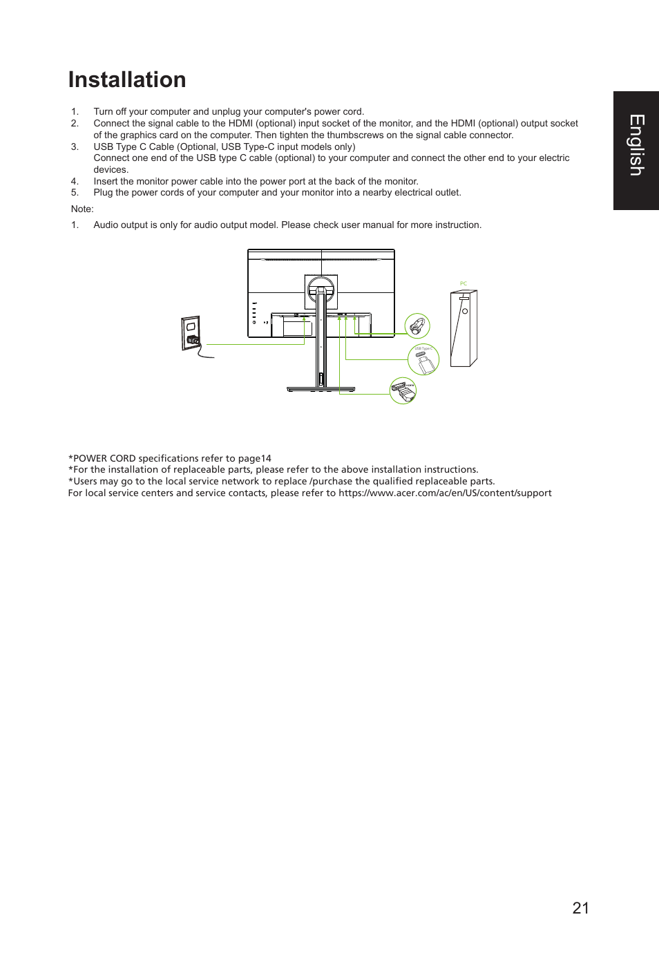 Installation, English | Acer CB241Y bmirux 23.8" Monitor User Manual | Page 21 / 36