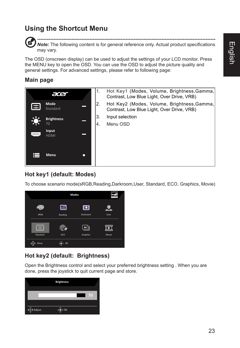 English, Using the shortcut menu, Main page | Hot key1 (default: modes), Hot key2 (default: brightness) | Acer CB241Y bmirux 23.8" Monitor User Manual | Page 23 / 36